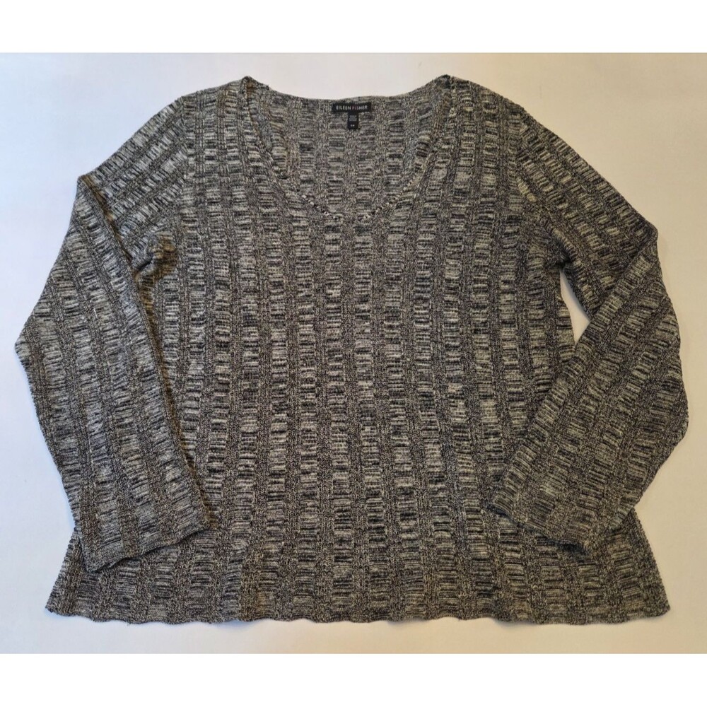 Eileen Fisher Sweater Womens Small Silk Organic Linen Blend Gray/Black Lagenlook
